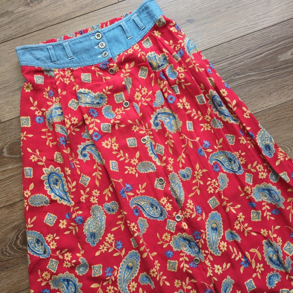 Vintage New Look Red Paisley Midi Skirt with Denim Waistband
